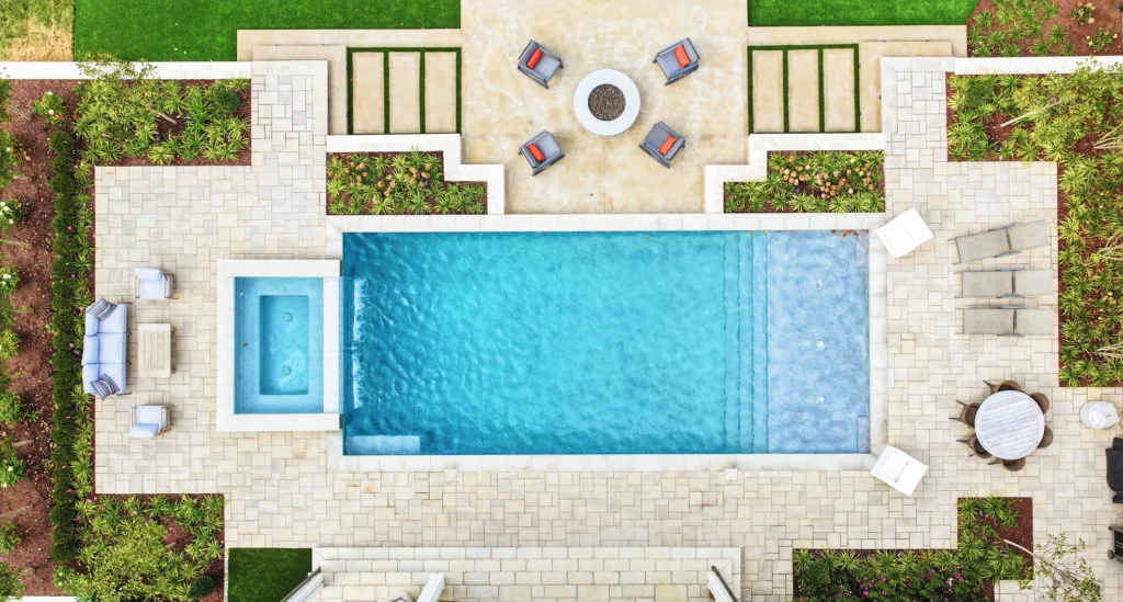 An aerial image of a fiberglass pool