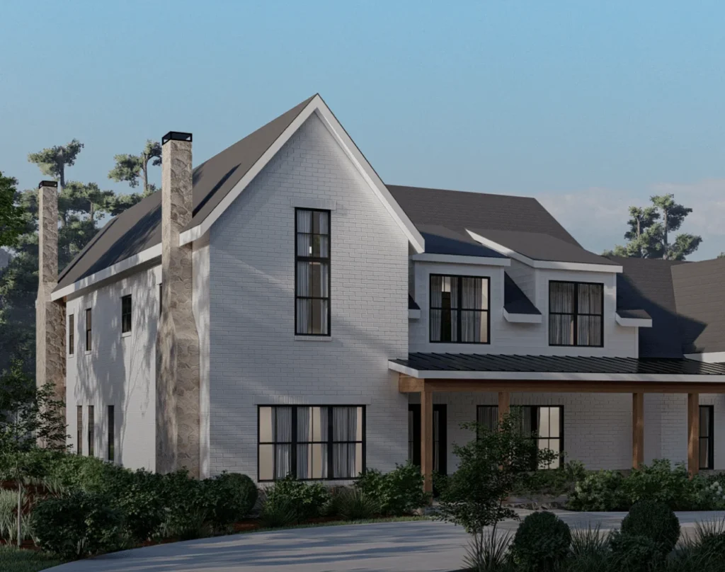 A picture of a two-story home with shadows across the different lines on the home