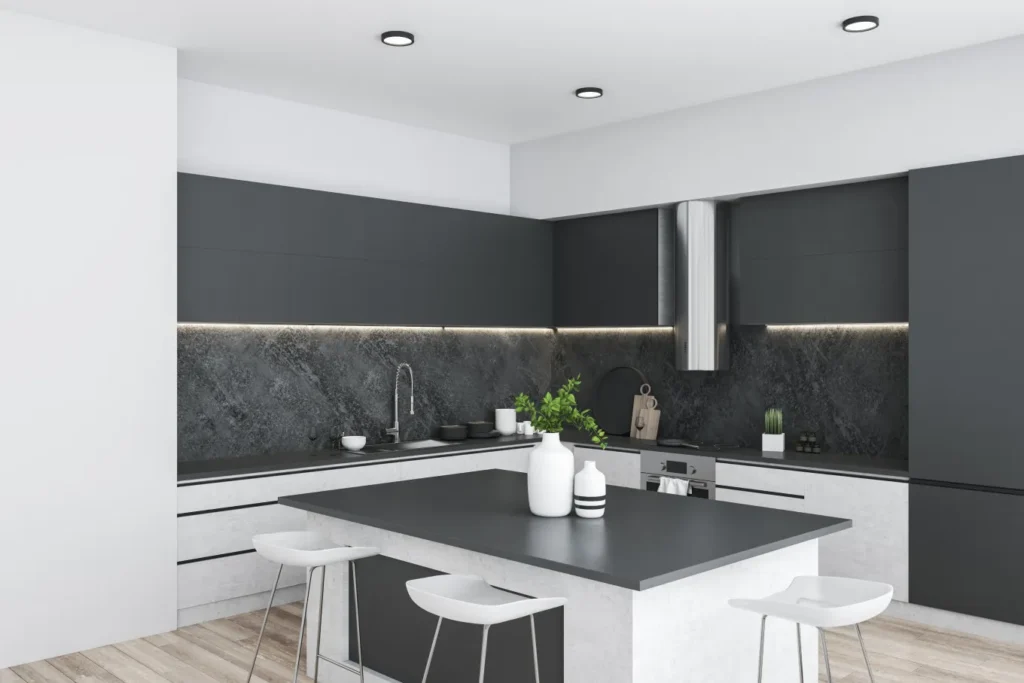Modern non-white kitchen with dark grey and wood cabinetry, a central island, sleek countertops, and minimalist décor, illustrating a timeless non-white kitchen design.